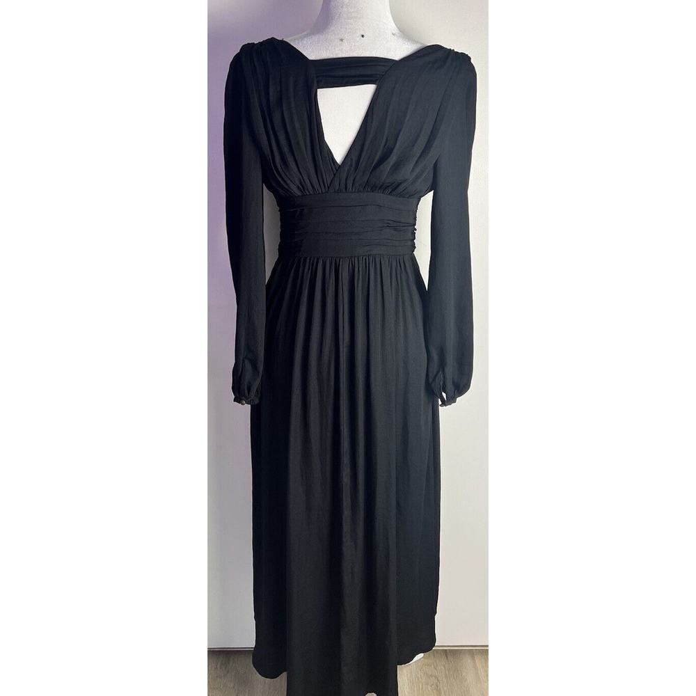 Anthropologie Gwendolyn Deep V-Neck Long Puff Sleeve Black Midi Dress Sz 2 NWOT - Picture 5 of 12